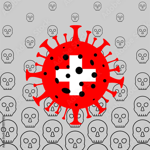 Coronavirus kills people in Switzerland. Coronavirus danger. Novel coronavirus (2019-nCoV), Abstract virus strain model on the background of skulls