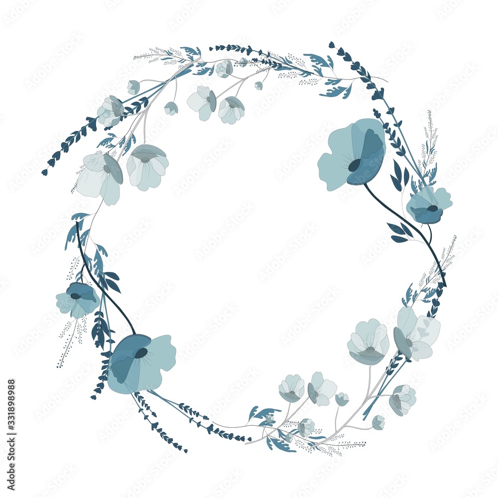  Vector graphics. Wreath of wildflowers, photo frame. Summer and spring plants. Decor elements. Design.