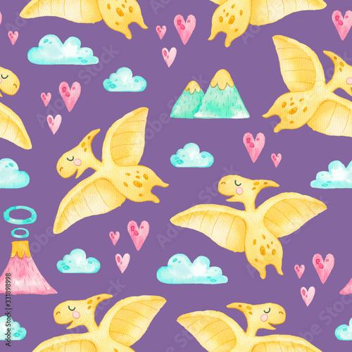 Watercolor painting seamless pattern with cute dinosaurs. Colorful cartoon dinosaurs on dark background. Backdrop for nursery, paper and fabric. Watercolor hand drawn illustration