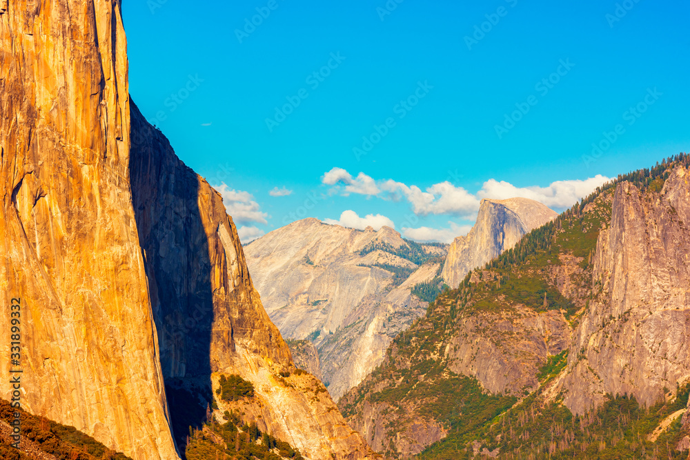 Tunnel View with El Capitan and Half Dome in Yosemite National Park around sunset