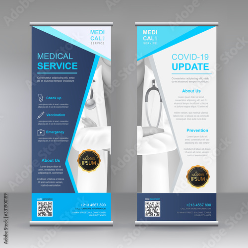Medical health care and coronavirus stand banner template. Doctor vector illustration