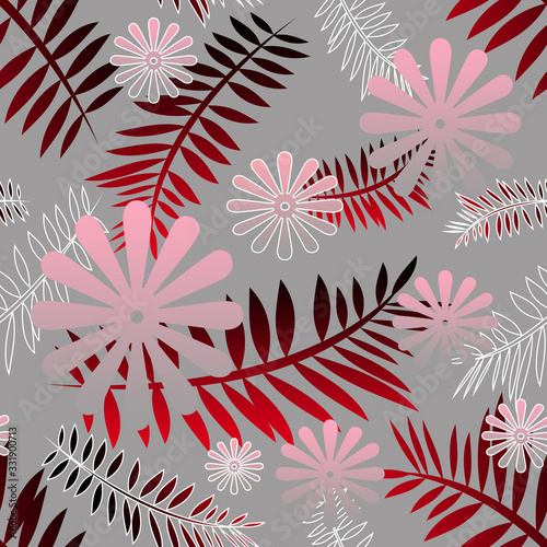 Set red black leaves palm  flowers  for pattern seamless  material  paper  wallpaper  textil  background