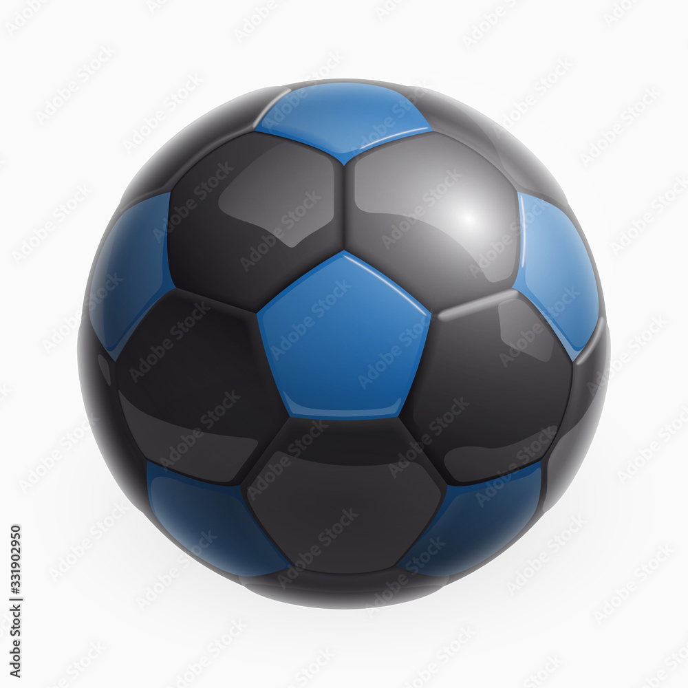 Fototapeta premium Football championship Design banner. Illustration banner with logo Realistic blue glossy soccer ball Isolated on background. blue classic leather football ball