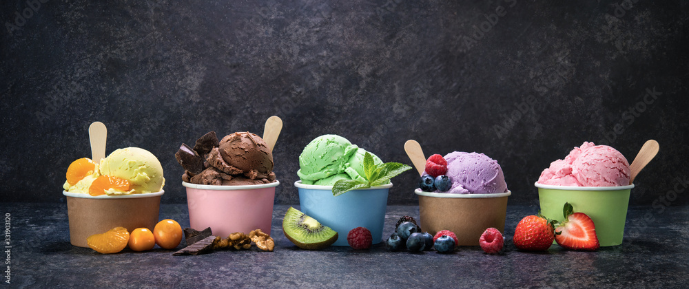 Various colorful ice cream in paper cup - obrazy, fototapety, plakaty 