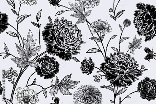 Garden flowers peonies. Floral seamless pattern. Hand drawing.