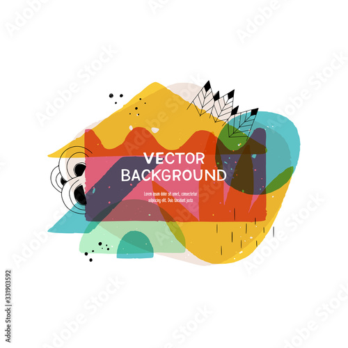 Modern blobs and overlapping geometric and natural shapes layout with hand drawn elements. Geometrical paint splashes in abstract banner with copy space. Template for cover, landing, apparel, card