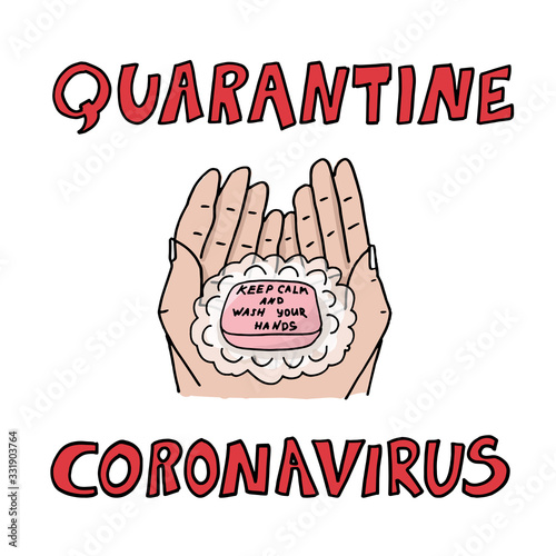 Hand drawn icon showing the importance of washing hands for killing coronavirus COVID-19. Regularly and thoroughly wash your hands with soap and water. Vector illustration. Cartoon 2019-nCov symbol.