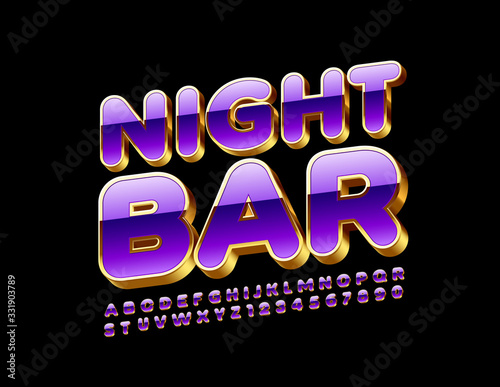 Vector chic logo Night Bar. Purple and Gold shiny Font. 3D elite Alphabet Letters and Numbers