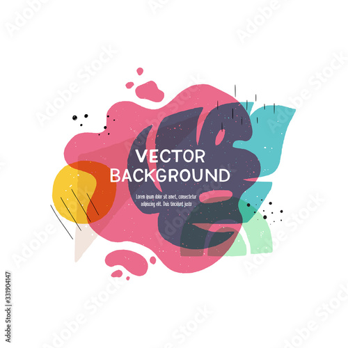 Modern liquid shapes layout with hand drawn elements. Floral motif abstract banner with copy space. Overlapping tropical leaves and simple shapes template for cover, apparel, blog, newsletter, vlog
