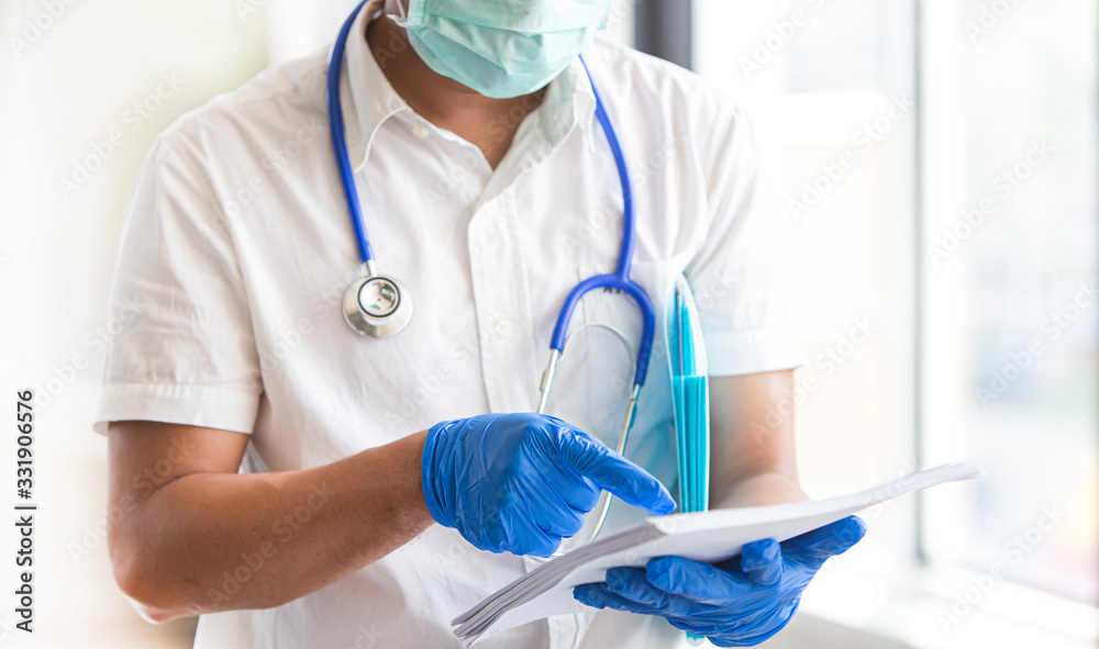 concept of  doctor who checks the list of people infected Coronavirus,Covid-19,prevent and stop the spread of germs,