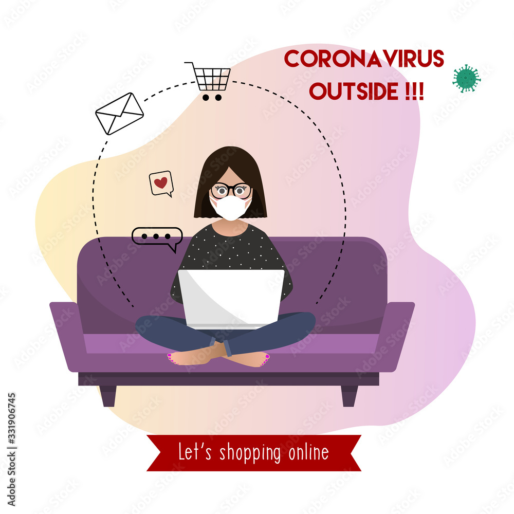 Coronavirus outside. Online shopping. Stay home. Scared girl with face mask making orders on laptop at home. Icons. Quarantine. vector flat illustration. Coronavirus outside. Online shopping. Stay home. Scared girl with face mask making orders on laptop at home. Icons. Quarantine. vector flat illustration.