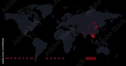 Covid-19 pandemic world infection spread animation across world map. Coronavirus virus spread to worldwide. One million infected, starting in Wuhan, China