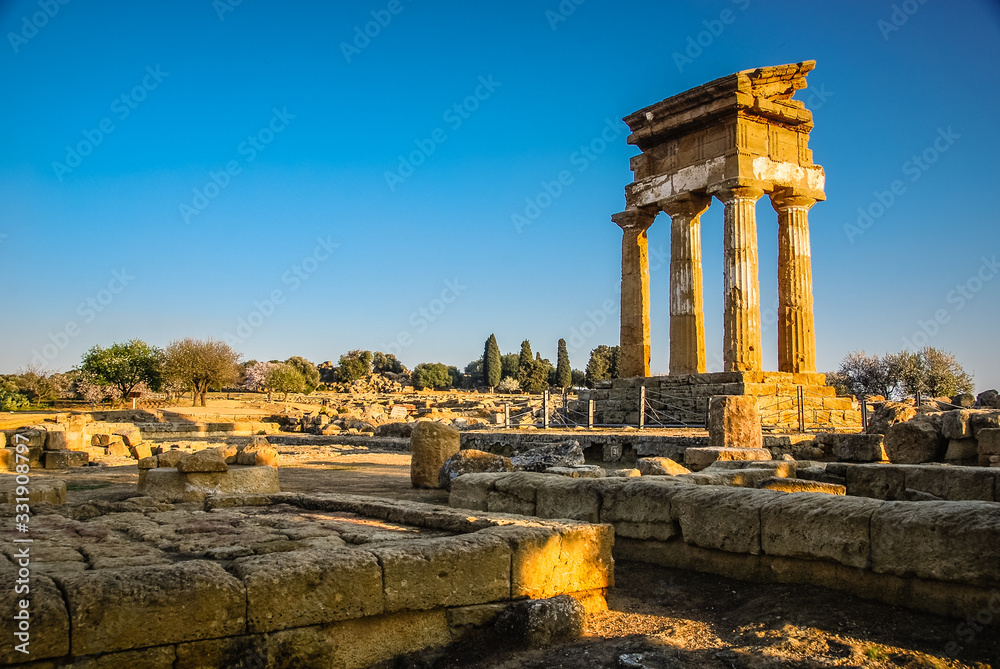 Ruins of Temple of Castor and Pollux with Agrigento, Sicily, Italy