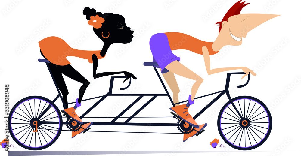 Obraz premium Caucasian man and African woman rides a tandem bike isolated. Smiling Caucasian man and African woman on the double bike isolated on white illustration