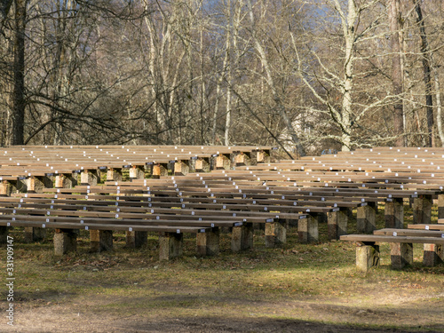 landscape with rows of wooden benches in the park