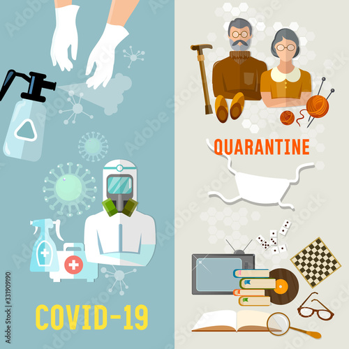 Coronavirus concept. COVID-19 (SARS-CoV-2). Elderly people, pensioners. Stay home. Self-isolation. Hygiene, virus control, precautions. Vector illustration. Doctors and patients