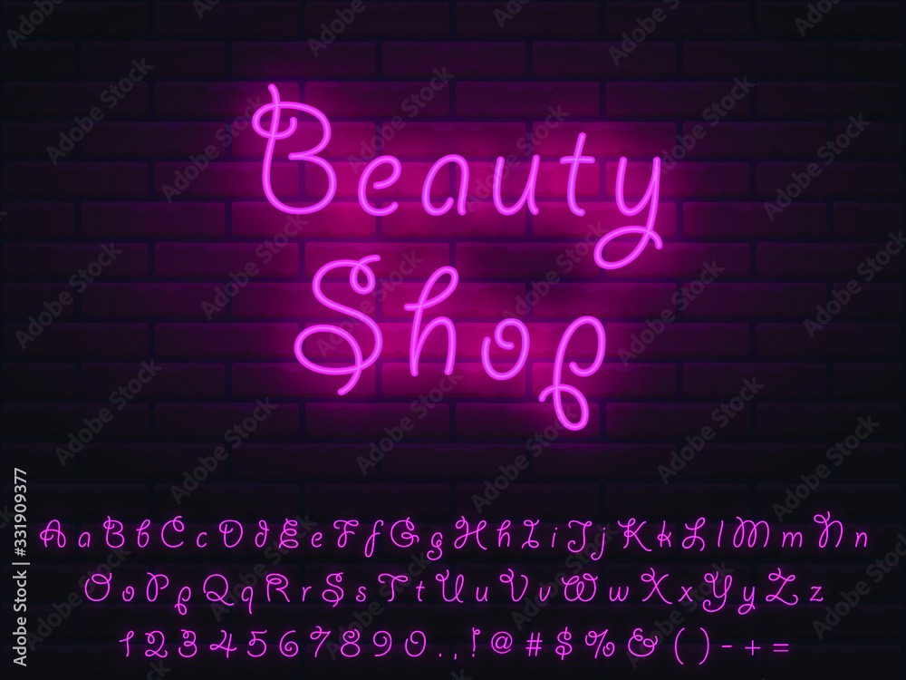 Set of pink neon cute font. Letters, numerals, signs, icons with transparent glow for web design and advertising Set of pink neon cute font. Letters, numerals, signs, icons with transparent glow for web design and advertising