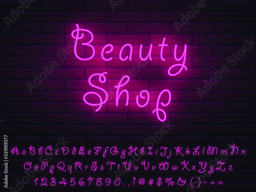 Set of pink neon cute font. Letters, numerals, signs, icons with transparent glow for web design and advertising