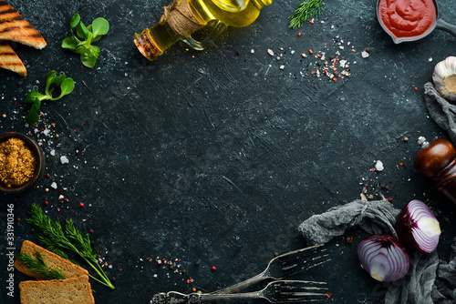 Black stone banner of cooking. Food background.