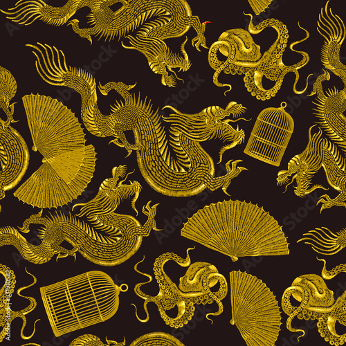 Golden asian dragons, octopus, fan and cage. Ethnic japan seamless pattern. Embroidery. Oriental art. Ancient style. Traditional Japanese culture