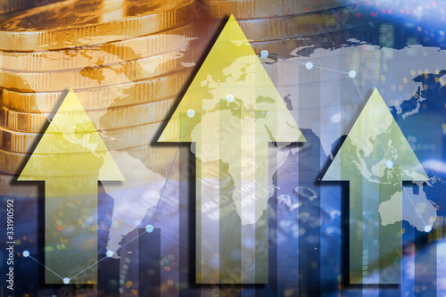 ouble exposure money on global map and arrow signal trend of investment. Element of this image furnished by NASA photo