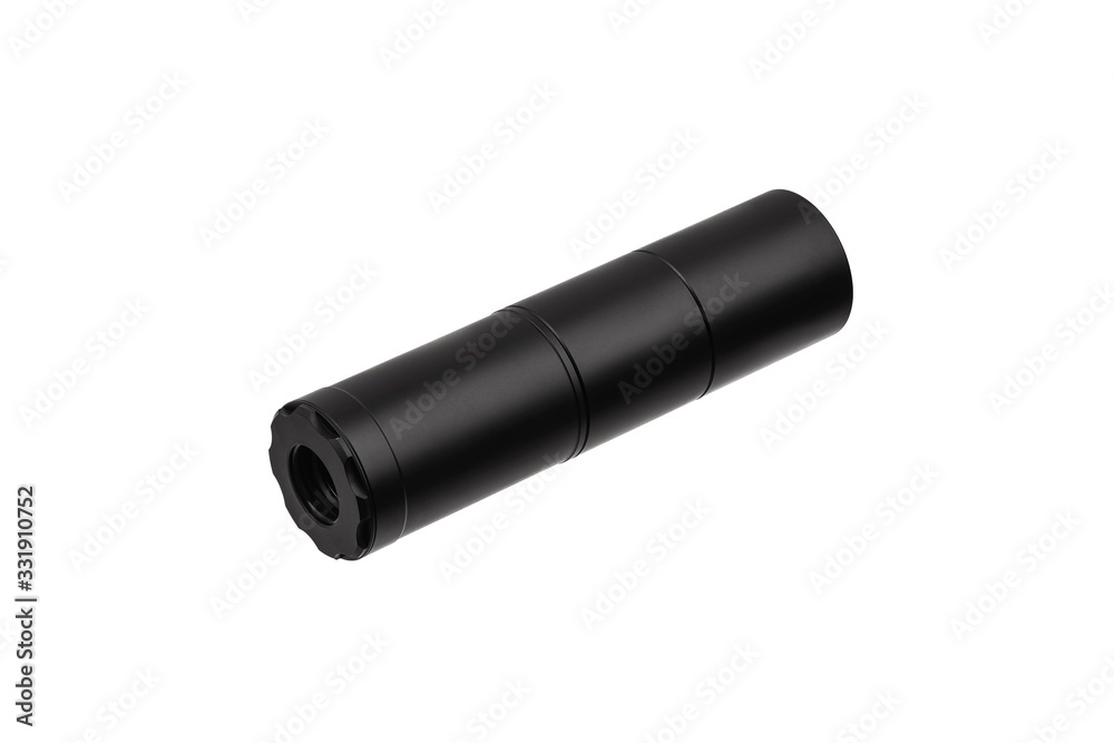Black silencer for weapons. Suppressor that is at the end of an assault rifle. Black silencer for weapons. Suppressor that is at the end of an assault rifle.
