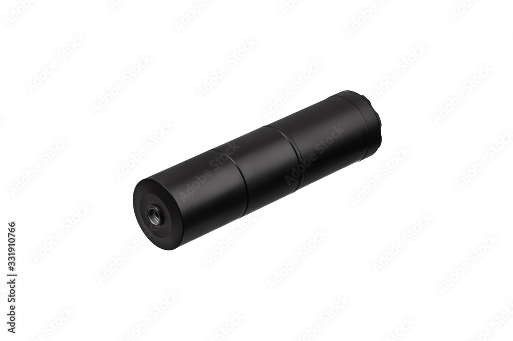 Black silencer for weapons. Suppressor that is at the end of an assault rifle. Black silencer for weapons. Suppressor that is at the end of an assault rifle.