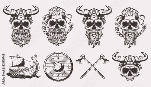 Fototapeta Set of isolated illustrations of a Viking skulls, boat, shield and axes