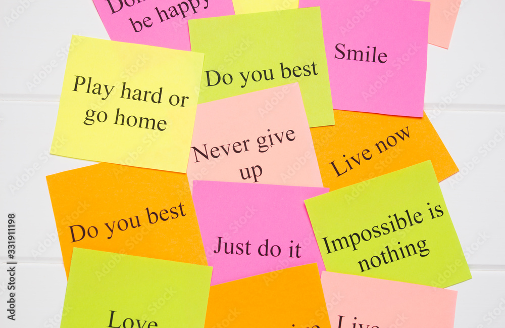 Fototapeta Motivational words on colorful stickers on white background. A vision Board. Cards with words. Affirmation, development, training, seminar. Plan, strategy, to-do list, concept. Creativity, project, ar