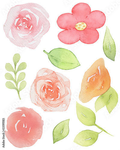 Fototapeta Naklejka Na Ścianę i Meble -  Simple watercolor flowers and leaves clip art. Isolated on white background illustration. Perfect for sticker, element, scrapbook, card, etc.