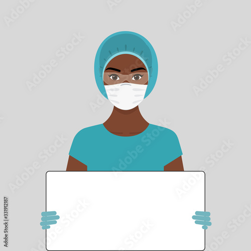 African female doctor in blue surgeon's suit, cap, glasses, gloves and mask holds empty Board with space for text. Concept of prevention of infection of the coronavirus. Vector stock flat illustration