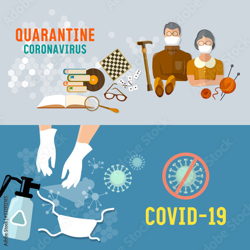 Elderly people, pensioners. Coronavirus medical banner. COVID-19 (SARS-CoV-2). Stay home. Quarantine. Self-isolation. Hygiene, virus control, precautions. Vector illustration
