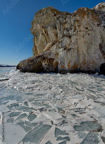 Russia. Eastern Siberia, lake Baikal. The icy cliffs of the island of Olkhon.