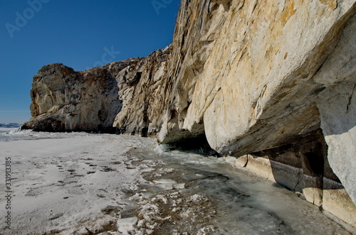 Russia. Eastern Siberia  lake Baikal. The icy cliffs of the island of Olkhon.