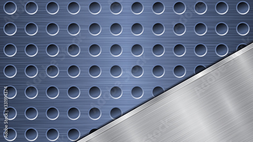 Background of blue perforated metallic surface with holes and angled silver polished plate with a metal texture, glares and shiny edges