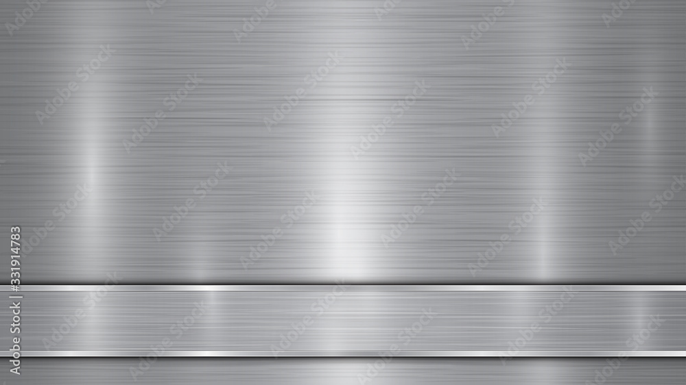Background in silver and gray colors, consisting of a shiny metallic surface and one horizontal polished plate located below, with a metal texture, glares and burnished edges Background in silver and gray colors, consisting of a shiny metallic surface and one horizontal polished plate located below, with a metal texture, glares and burnished edges