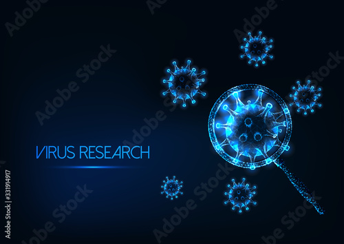 Futuristic coronavirus sars-cov2 research concept with glowing virus cells under magnifying glass