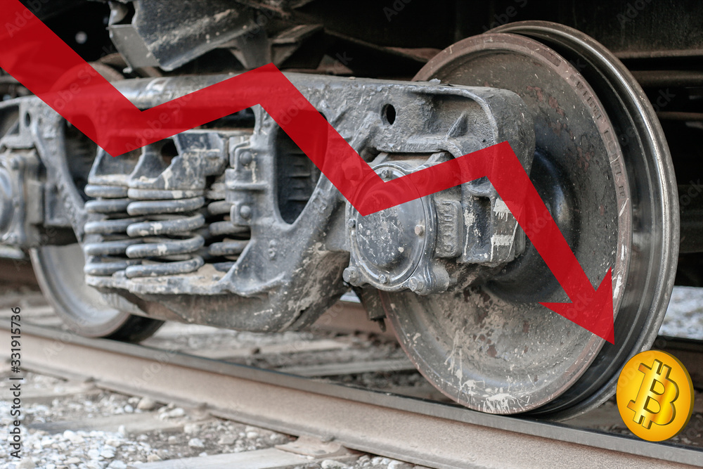 Bitcoin on rails under a train wheel. Red arrow down. Crash BTC. Bitcoin is crushed and fell down. Cryptocurrency trading crisis. Horizontal. Bitcoin on rails under a train wheel. Red arrow down. Crash BTC. Bitcoin is crushed and fell down. Cryptocurrency trading crisis. Horizontal.