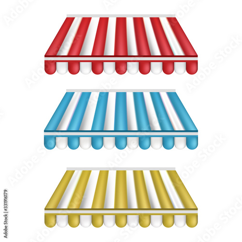 Set of different striped awnings isolated on white background, color vector illustration. Outdoor canopy with various edges. Marketplace tent roof, template for design.