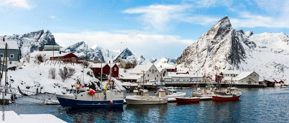 Small fishing harbor during winter, Lofoten Islands, Norway.