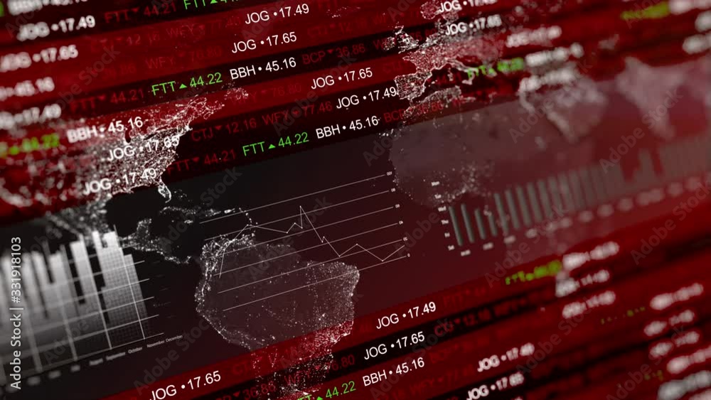 Stock markets crashing down on red background. Concept of financial stagnation, recession, crisis, business crash and economic collapse. Downward trend 3d animation.
