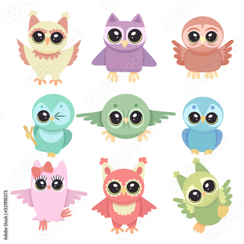 The set of nine cute owls isolated on clear background. Colorful vector illustration for prints, background, cards, banners and design.