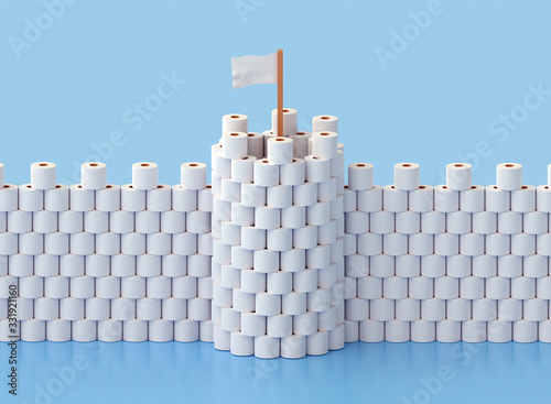 Building a fortress with tower out of toilet paper due to stress and fear from a coronavirus epidemic