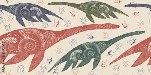 Plesiosaur. Seamless pattern. Packing old paper, scrapbooking style. Vintage background. Medieval manuscript, engraving art. Nessie, Loch Ness monster. Prehistoric underwater dinosaur double exposure
