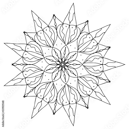 Children coloring  drawing. Leaves set of different plants and trees. Star shape or snowballs. Black and white snowflake.