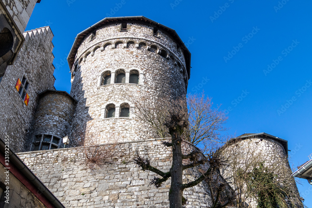 Low angle view at a tower of Stolberg castle in Stolberg, Eifel