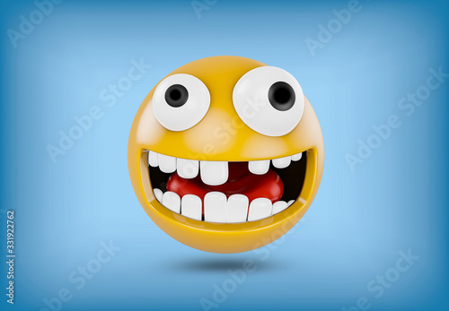 Emoji with a squint and without a tooth - isolated on blue background