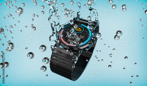 Smartwatch falls into the water with the swimming training app displayed photo