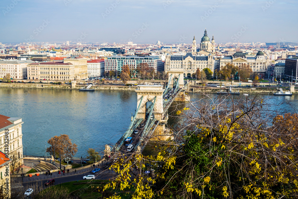 Cityscape, aerial view over the chains bridge and Danube river. Budapest, Hungary.