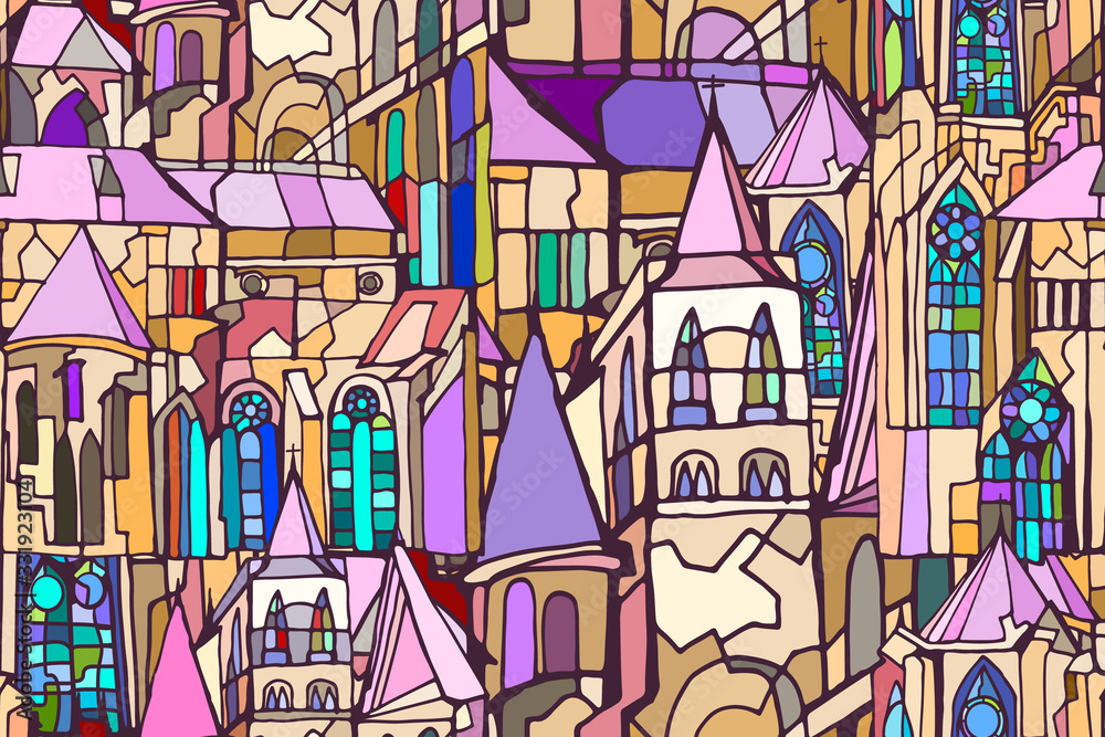 Φωτογραφία Abstract colorful illustration with fictional Gothic city with towers and stained glass windows
